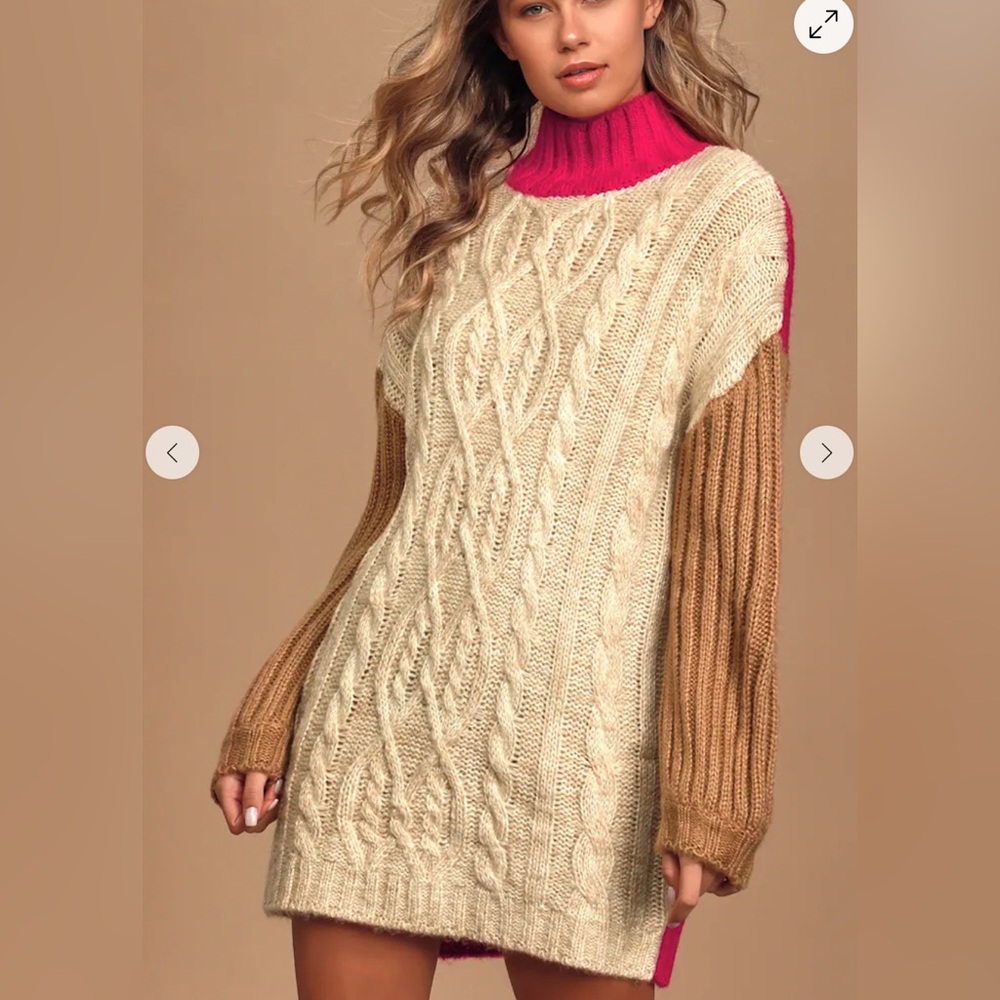 Pink multi color block cable knit sweater dress